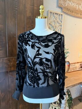 Vintage Cache Black Floral Burnout Sheer Long-Sleeve Top